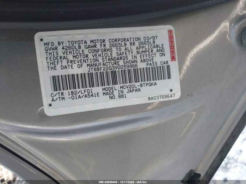 1997 Lexus Es 300 VIN: JT8BF22G3V0059966 Lot: 43949445