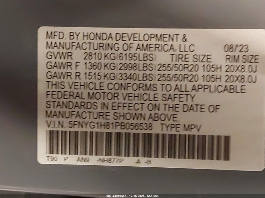 2023 Honda Pilot Awd Elite VIN: 5FNYG1H81PB056538 Lot: 43949447