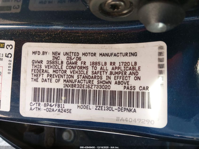 2006 Toyota Corolla Le VIN: 1NXBR32E16Z733020 Lot: 43949450