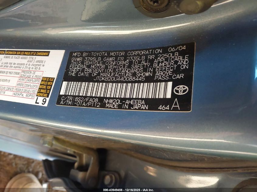 2004 Toyota Prius VIN: JTDKB20U440088445 Lot: 43949456