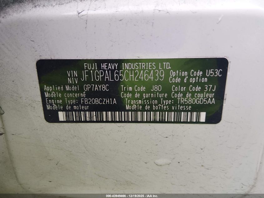 2012 Subaru Impreza 2.0I Sport Premium VIN: JF1GPAL65CH246439 Lot: 43949466