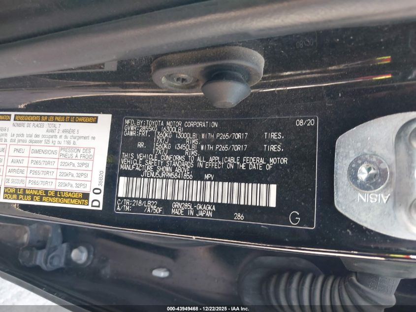 2021 Toyota 4Runner Sr5 Premium VIN: JTENU5JR9M5841856 Lot: 43949468