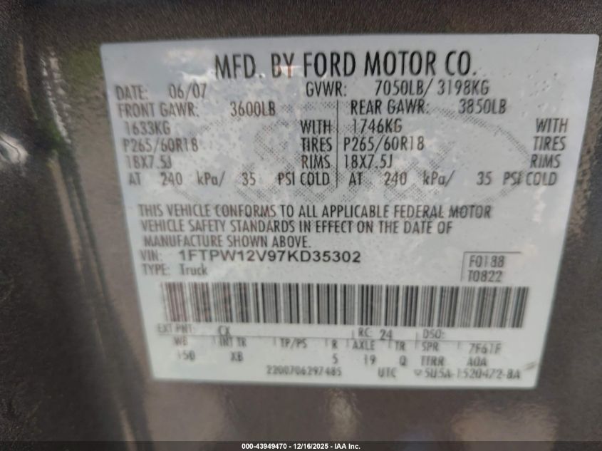 2007 Ford F-150 Lariat/Xlt VIN: 1FTPW12V97KD35302 Lot: 43949470