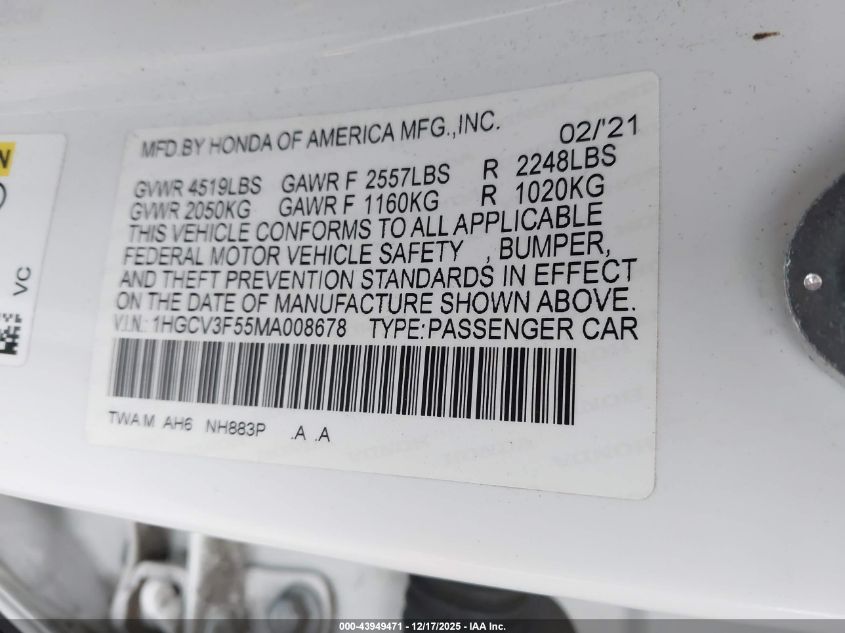 2021 Honda Accord Hybrid Ex-L VIN: 1HGCV3F55MA008678 Lot: 43949471