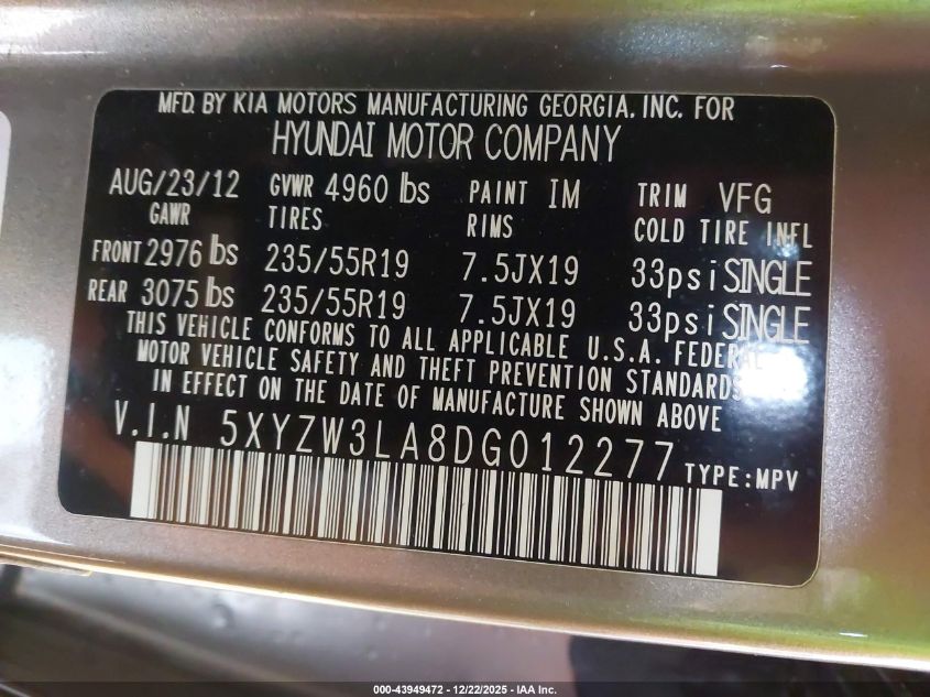 2013 Hyundai Santa Fe Sport 2.0T VIN: 5XYZW3LA8DG012277 Lot: 43949472