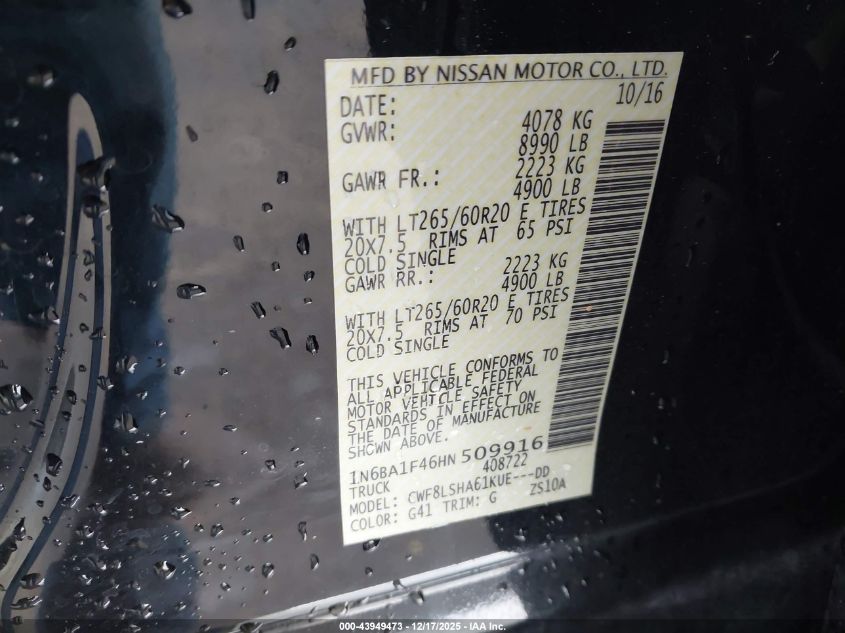 2017 Nissan Titan Xd Sv Diesel VIN: 1N6BA1F46HN509916 Lot: 43949473