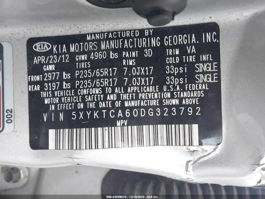 2013 Kia Sorento Lx VIN: 5XYKTCA60DG323792 Lot: 43949474