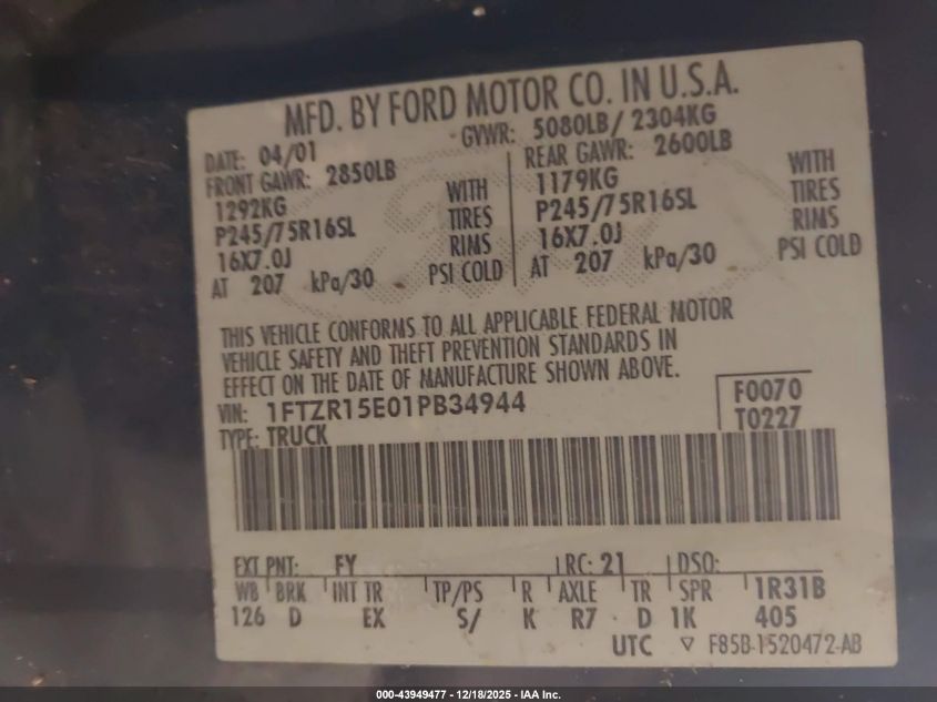 2001 Ford Ranger Edge/Xlt VIN: 1FTZR15E01PB34944 Lot: 43949477