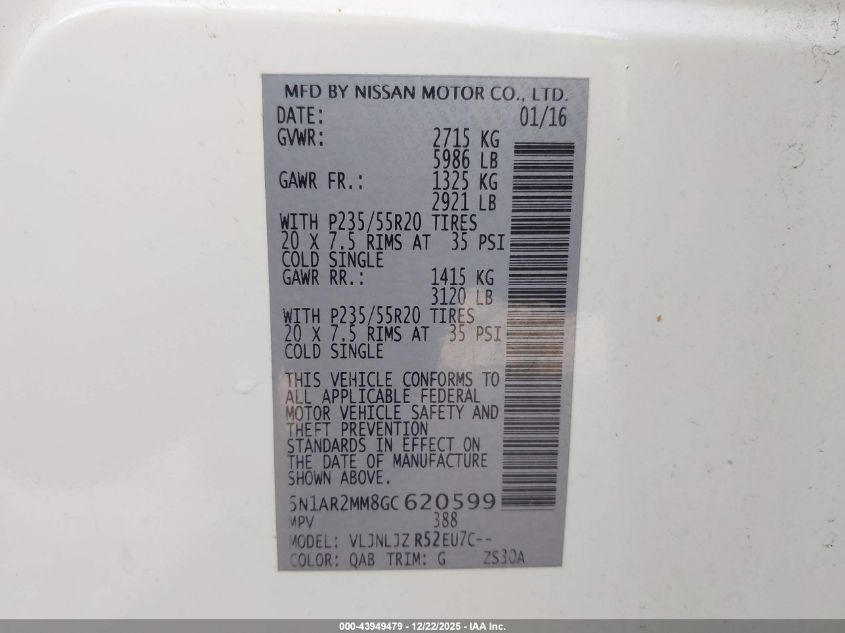 2016 Nissan Pathfinder Platinum VIN: 5N1AR2MM8GC620599 Lot: 43949479