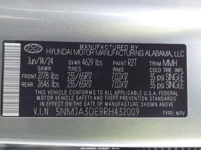 2024 Hyundai Tucson Se VIN: 5NMJA3DE9RH432009 Lot: 43949480