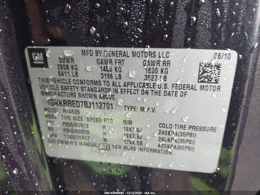 2011 GMC Acadia Slt-1 VIN: 1GKKRRED7BJ112701 Lot: 43949481