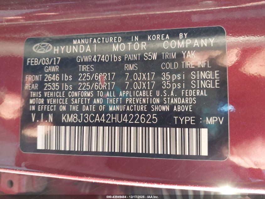 2017 Hyundai Tucson Se VIN: KM8J3CA42HU422625 Lot: 43949484