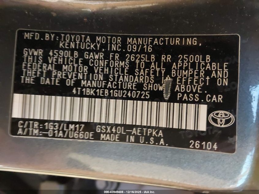 2016 Toyota Avalon Limited VIN: 4T1BK1EB1GU240725 Lot: 43949486