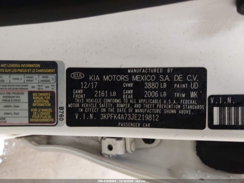 2018 Kia Forte Lx VIN: 3KPFK4A73JE219812 Lot: 43949488