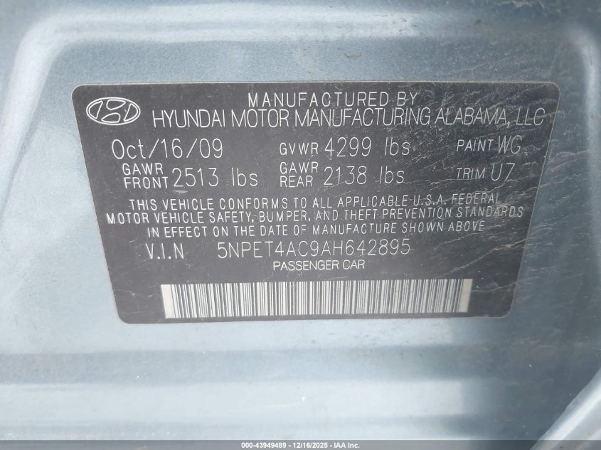 2010 Hyundai Sonata Gls VIN: 5NPET4AC9AH642895 Lot: 43949489