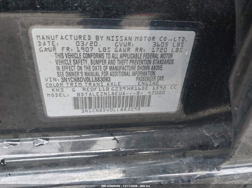 2020 Nissan Versa S Xtronic Cvt VIN: 3N1CN8DV0LL883093 Lot: 43949490