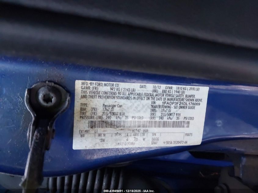 2013 Ford Focus Se VIN: 1FADP3F21DL176069 Lot: 43949491