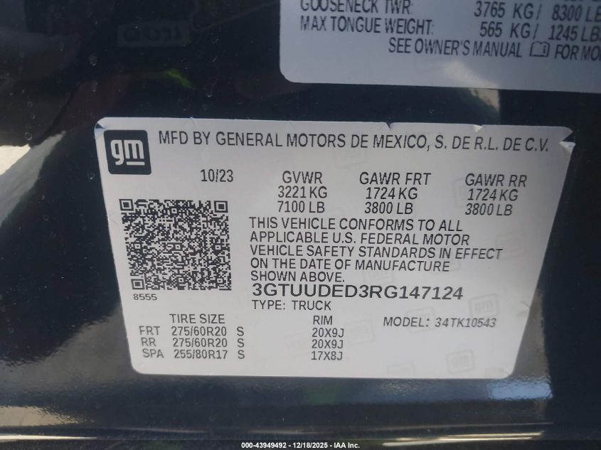 2024 GMC Sierra 1500 4Wd Short Box Slt VIN: 3GTUUDED3RG147124 Lot: 43949492