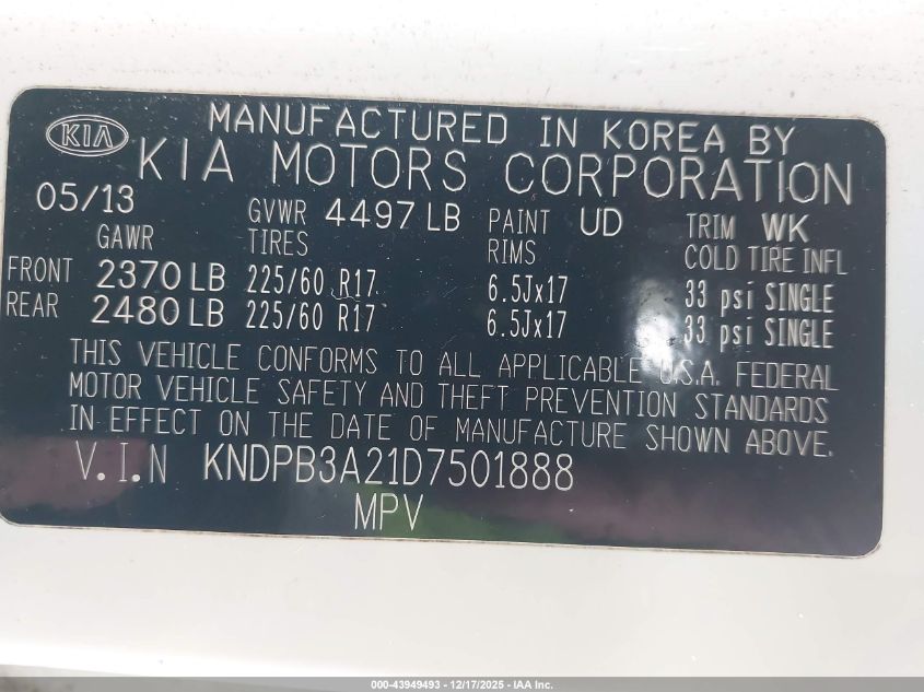 2013 Kia Sportage Lx VIN: KNDPB3A21D7501888 Lot: 43949493