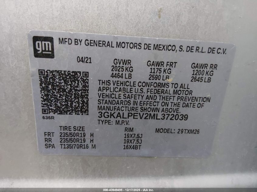 2021 GMC Terrain Fwd Slt VIN: 3GKALPEV2ML372039 Lot: 43949495