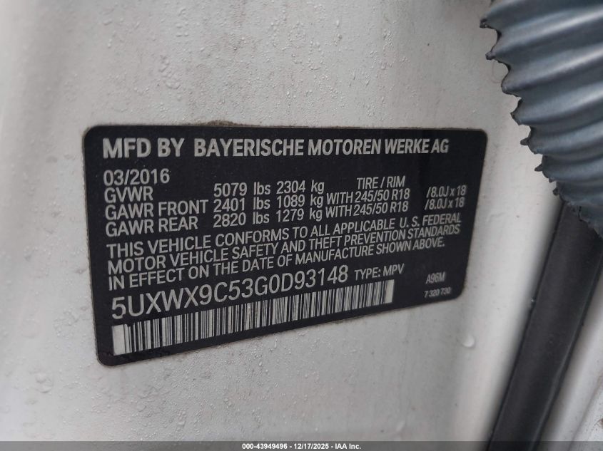 2016 BMW X3 xDrive28I VIN: 5UXWX9C53G0D93148 Lot: 43949496