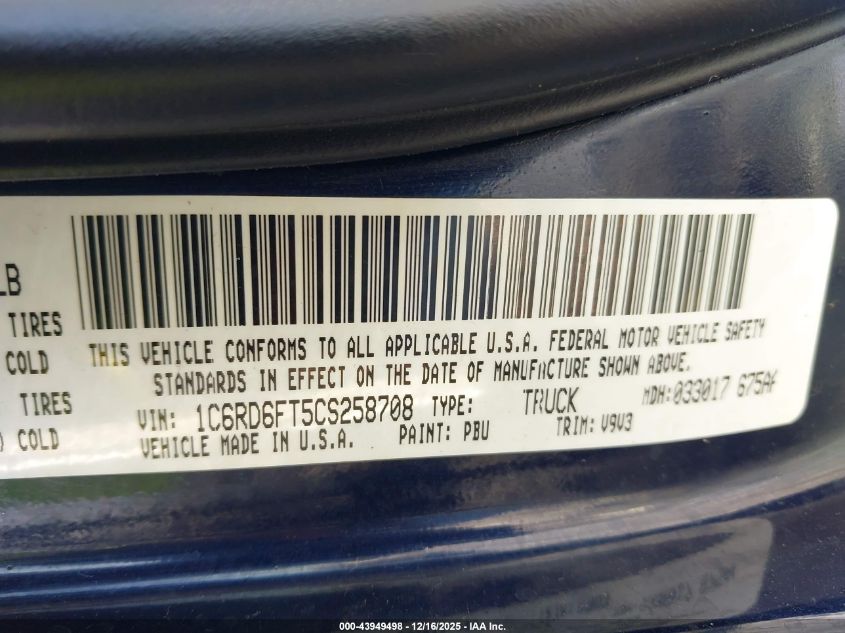 2012 Ram 1500 St VIN: 1C6RD6FT5CS258708 Lot: 43949498