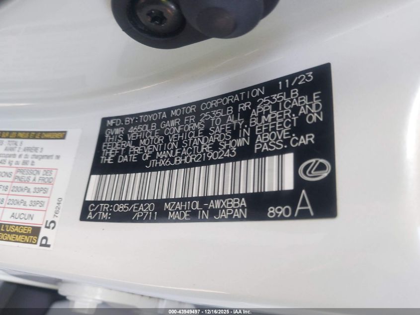 2024 Lexus Ux 250H VIN: JTHX6JBH0R2190243 Lot: 43949497