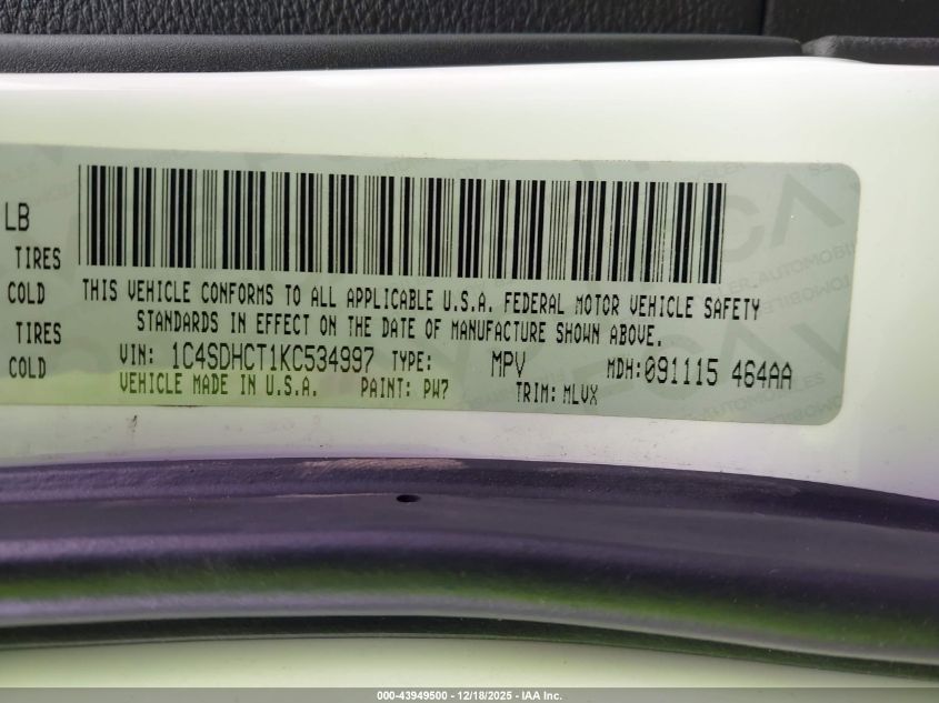 2019 Dodge Durango R/T Rwd VIN: 1C4SDHCT1KC534997 Lot: 43949500