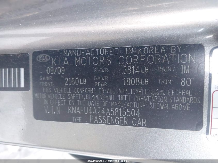 2010 Kia Forte Ex VIN: KNAFU4A24A5815504 Lot: 43949501