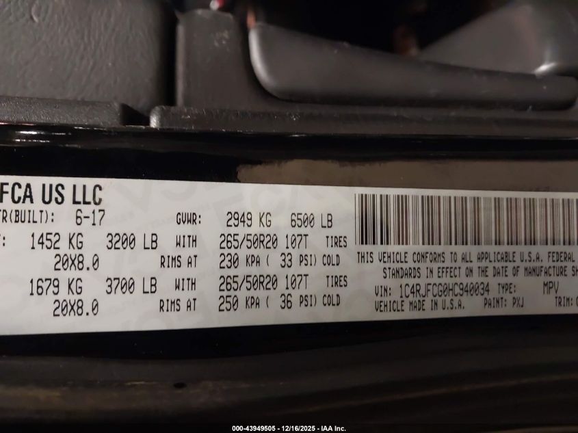 2017 Jeep Grand Cherokee Overland 4X4 VIN: 1C4RJFCG0HC940034 Lot: 43949505