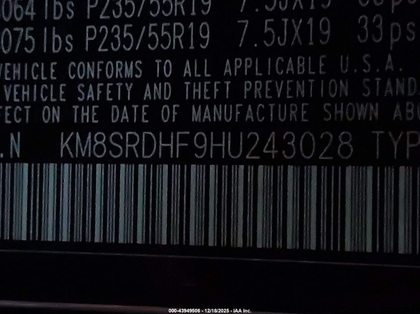 2017 Hyundai Santa Fe Limited Ultimate VIN: KM8SRDHF9HU243028 Lot: 43949506