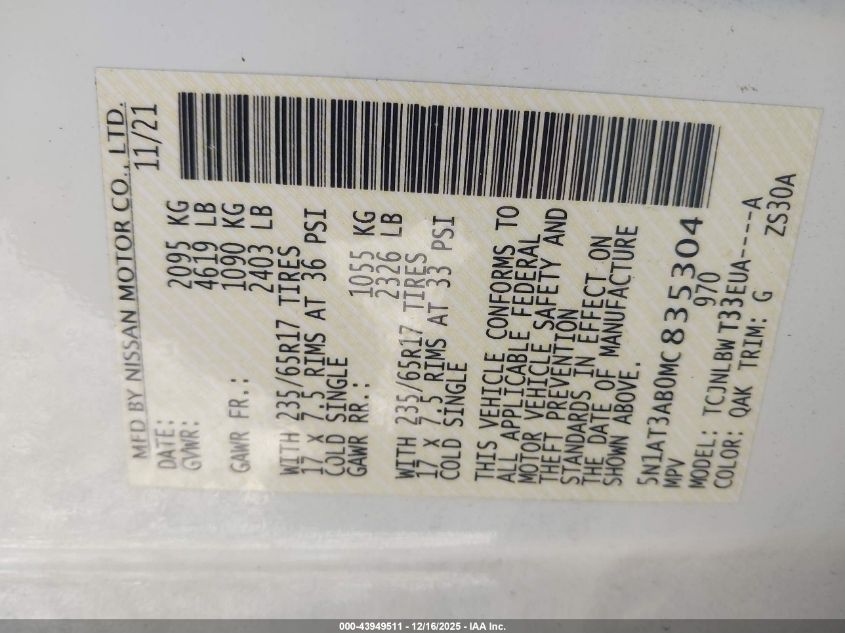 2021 Nissan Rogue S Intelligent Awd VIN: 5N1AT3AB0MC835304 Lot: 43949511