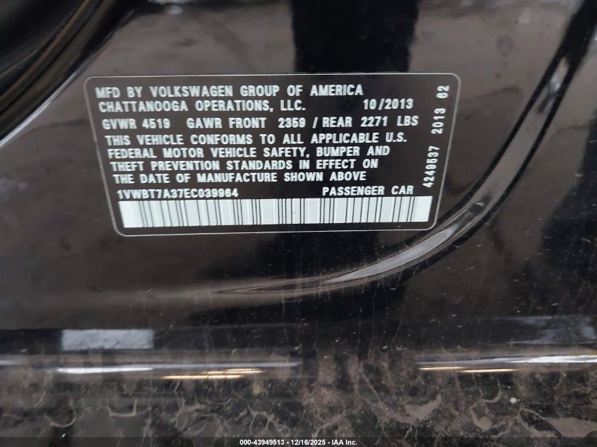 2014 Volkswagen Passat 1.8T Se VIN: 1VWBT7A37EC039964 Lot: 43949513