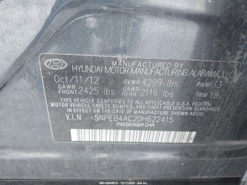 2013 Hyundai Sonata Gls VIN: 5NPEB4AC2DH622415 Lot: 43949515