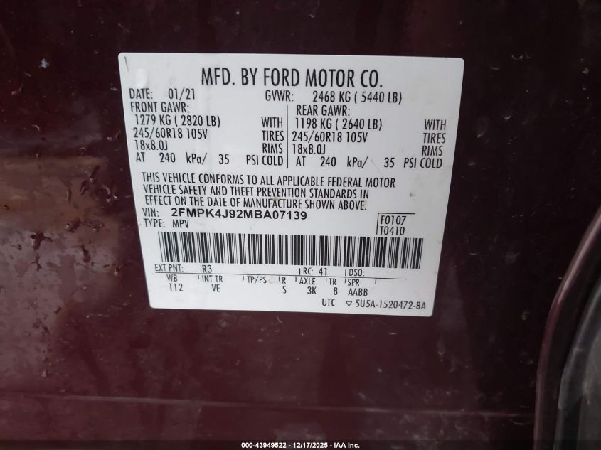 2021 Ford Edge Sel VIN: 2FMPK4J92MBA07139 Lot: 43949522