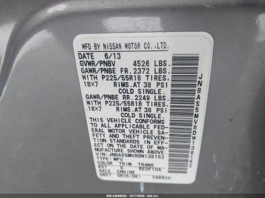 2013 Nissan Rogue Sv W/Sl Pkg VIN: JN8AS5MV8DW138152 Lot: 43949526