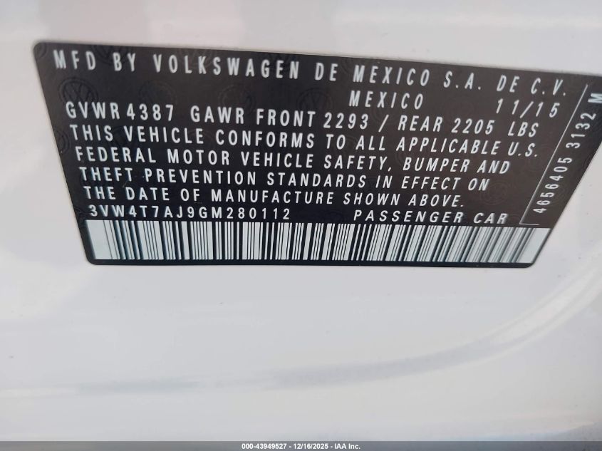 2016 Volkswagen Jetta 2.0T Gli Sel VIN: 3VW4T7AJ9GM280112 Lot: 43949527