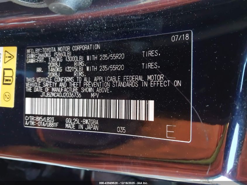 2018 Lexus Rx 350 VIN: JTJBZMCA0J2036736 Lot: 43949528