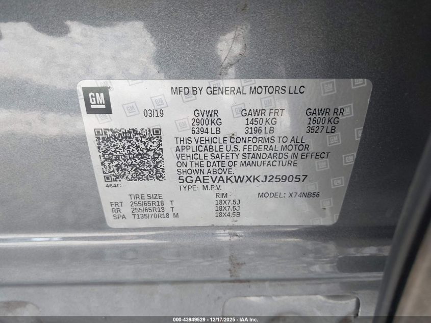 2019 Buick Enclave Awd Essence VIN: 5GAEVAKWXKJ259057 Lot: 43949529