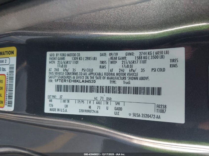 2019 Ford Ranger Xlt VIN: 1FTER1EH8KLA94520 Lot: 43949531