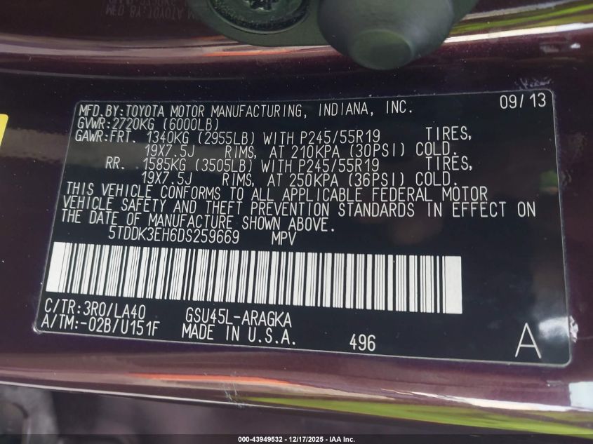 2013 Toyota Highlander Limited V6 VIN: 5TDDK3EH6DS259669 Lot: 43949532