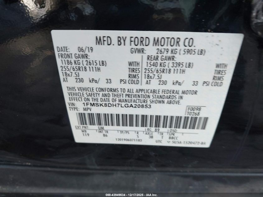 2020 Ford Explorer Xlt VIN: 1FMSK8DH7LGA20853 Lot: 43949534