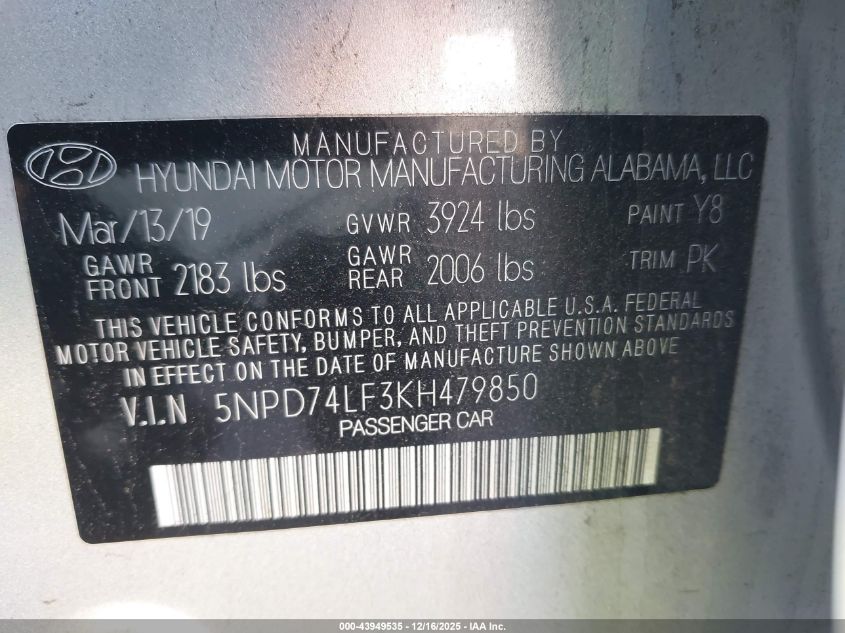 2019 Hyundai Elantra Se VIN: 5NPD74LF3KH479850 Lot: 43949535