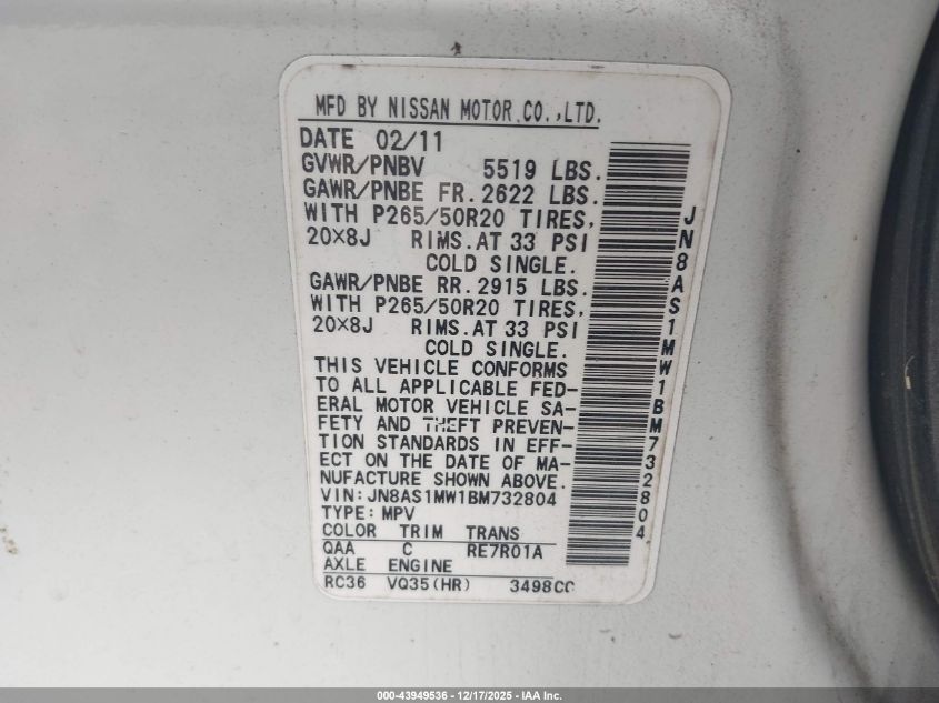 2011 Infiniti Fx35 VIN: JN8AS1MW1BM732804 Lot: 43949536