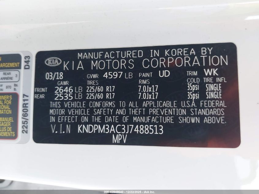 2018 Kia Sportage Lx VIN: KNDPM3AC3J7488513 Lot: 43949540