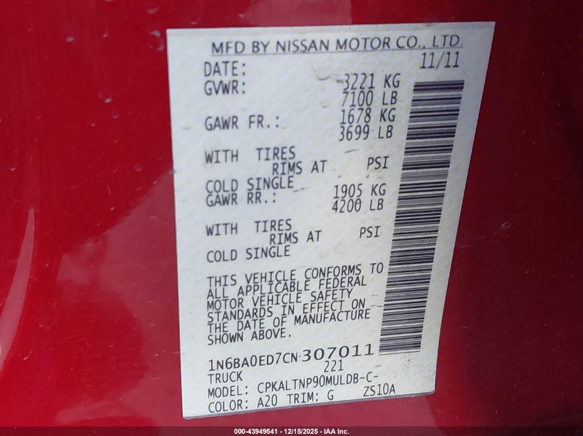 2012 Nissan Titan Sv VIN: 1N6BA0ED7CN307011 Lot: 43949541