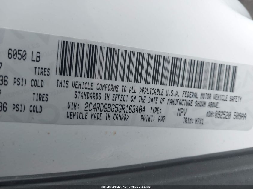 2016 Dodge Grand Caravan American Value Pkg VIN: 2C4RDGBG5GR163404 Lot: 43949542