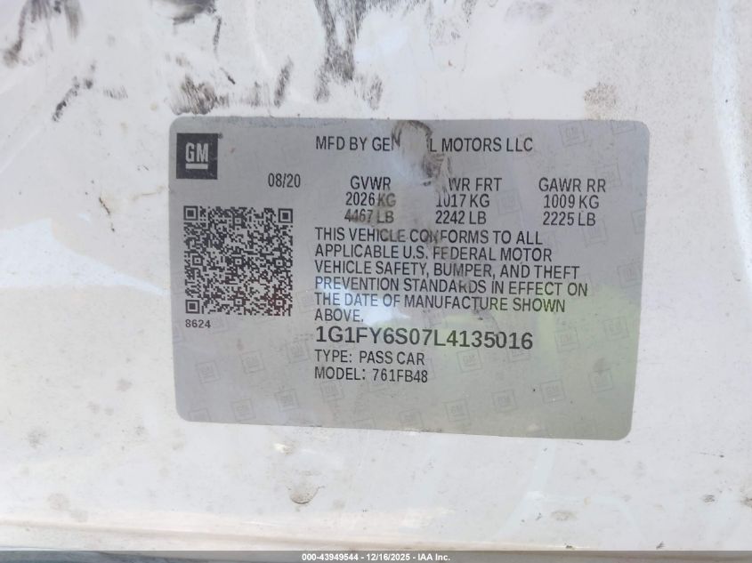 2020 Chevrolet Bolt Ev Fwd Lt VIN: 1G1FY6S07L4135016 Lot: 43949544