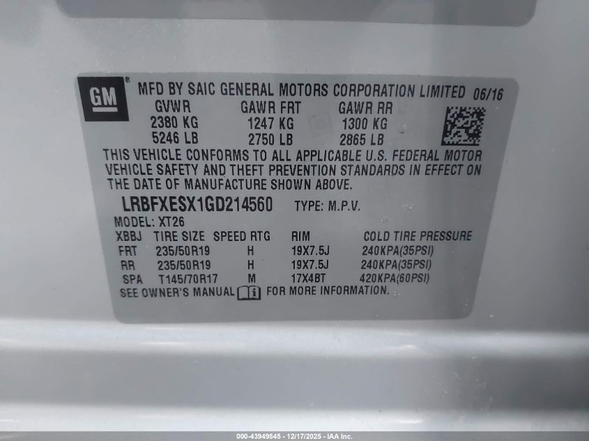 2016 Buick Envision Premium I VIN: LRBFXESX1GD214560 Lot: 43949545