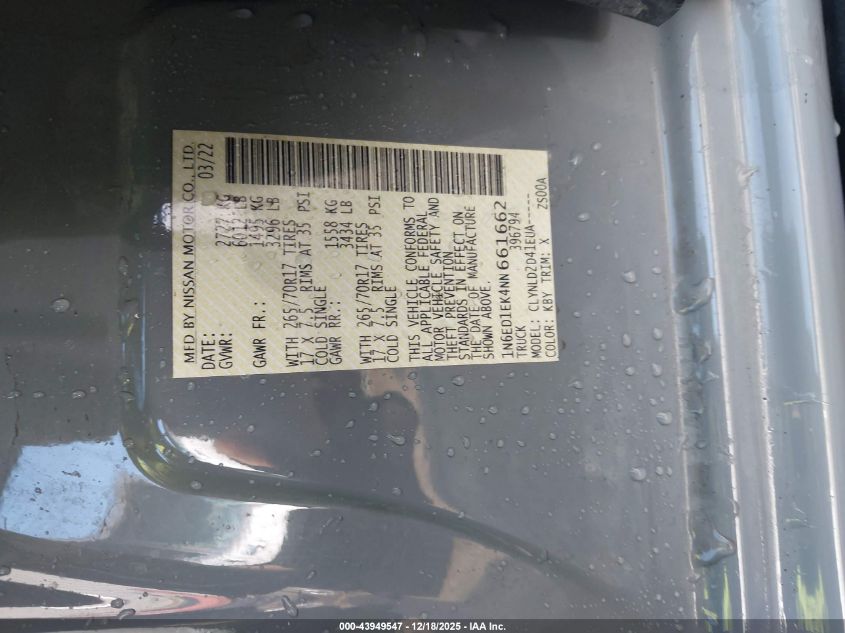 2022 Nissan Frontier Pro-4X 4X4 VIN: 1N6ED1EK4NN661662 Lot: 43949547